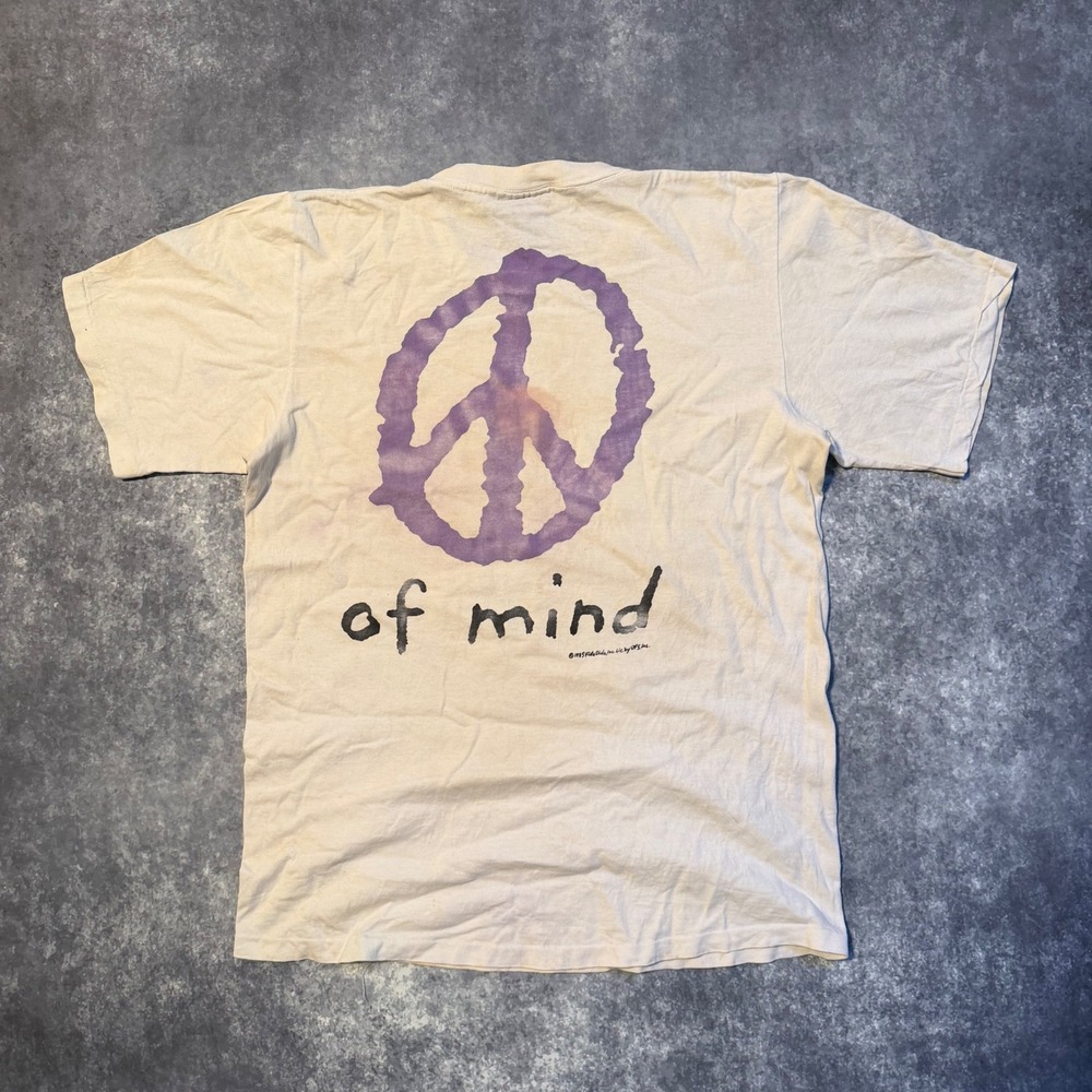 Vintage 1985 Fido Dido Peace of Mind T-Shirt Changes Tag Mens Large Cream Purple - Picture 2 of 9